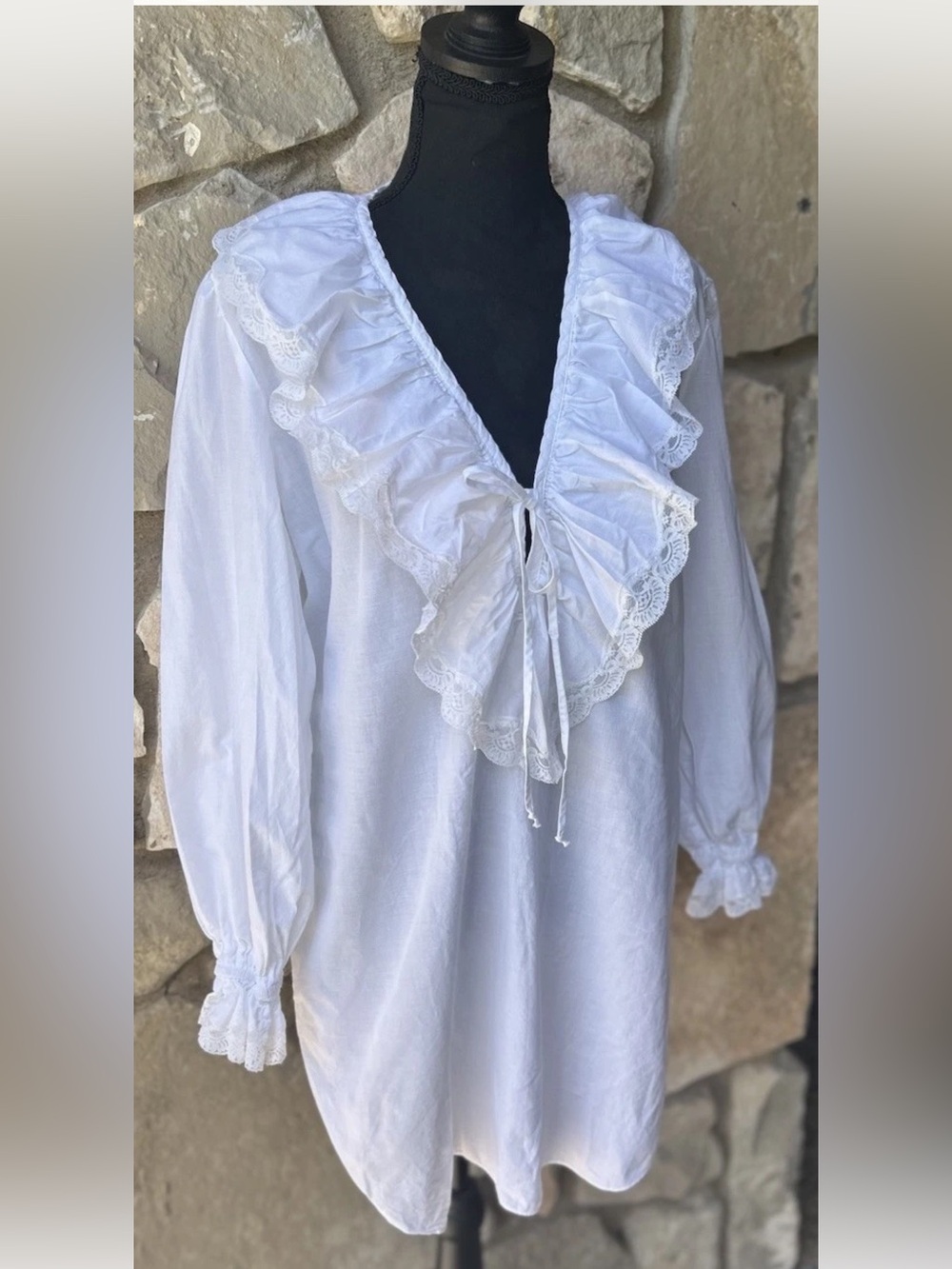 Vintage California Dynasty 100% Cotton Nightgown Ruffle Collar M White Babydoll